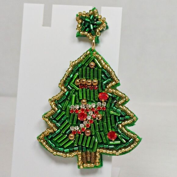 Handmade Beaded Xmas Holiday Seasonal Christmas Tree Post Earrings Multicolor - Picture 7 of 14